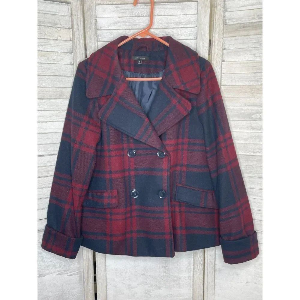 Larry Levine Red & Blue Plaid Women's Pea Coat Size Small